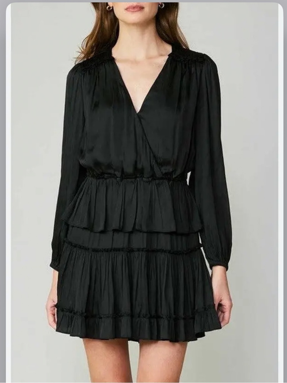 Current Air Cecile Black Satin Tiered Mini Dress Large Ruffle Long sleeve Smock